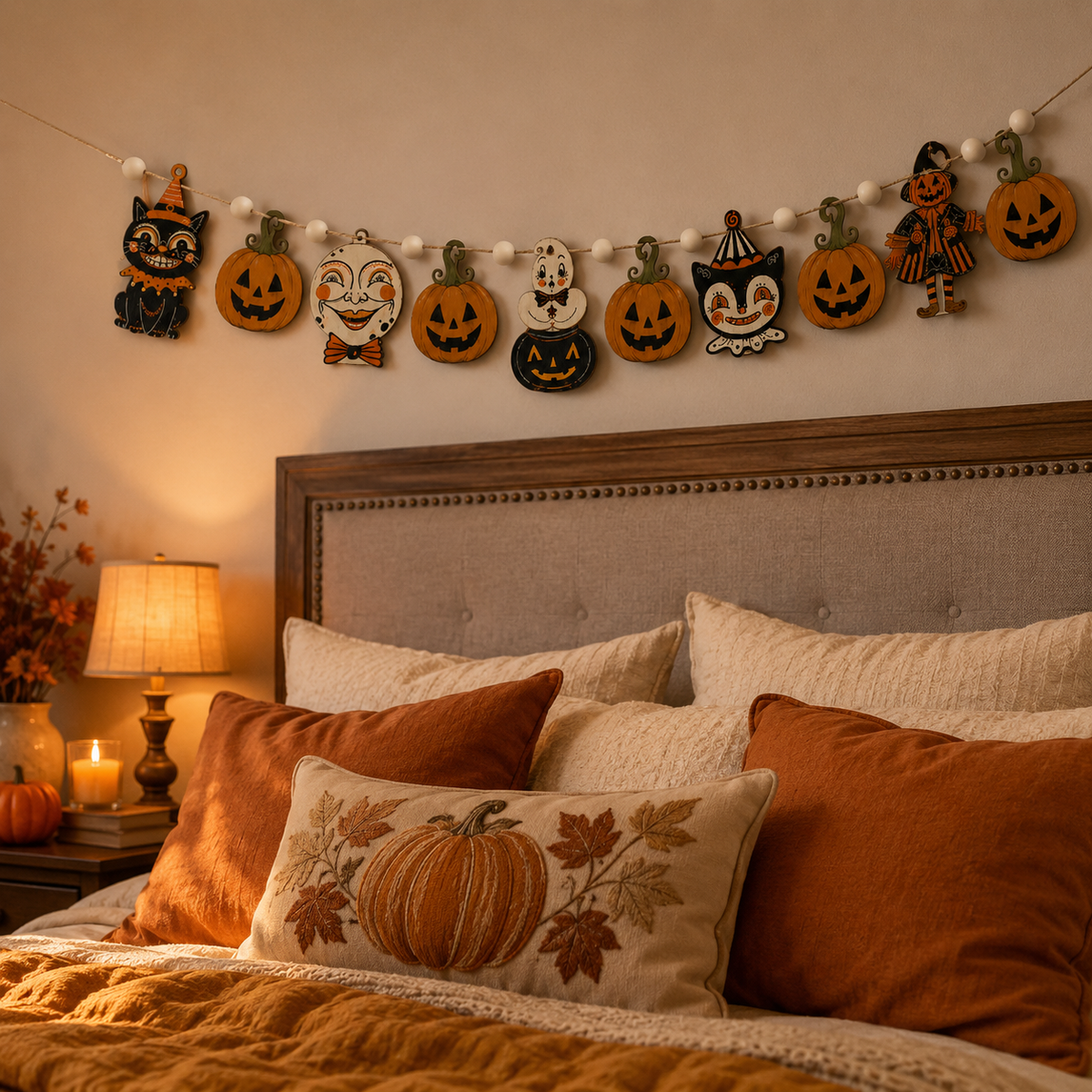 Halloween Decorations Garland with Lights, Pumpkin Garland, Black Cat & Autumn Leaves, Hanging Fall Decor for Home, Mantel, Fireplace, Window, Table, Party, Vintage Rustic Halloween Decor