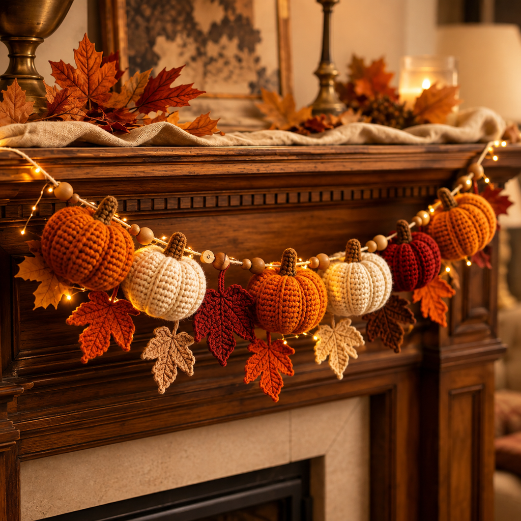 Halloween Decorations Garland with Lights, Pumpkin Garland, Black Cat & Autumn Leaves, Hanging Fall Decor for Home, Mantel, Fireplace, Window, Table, Party, Vintage Rustic Halloween Decor