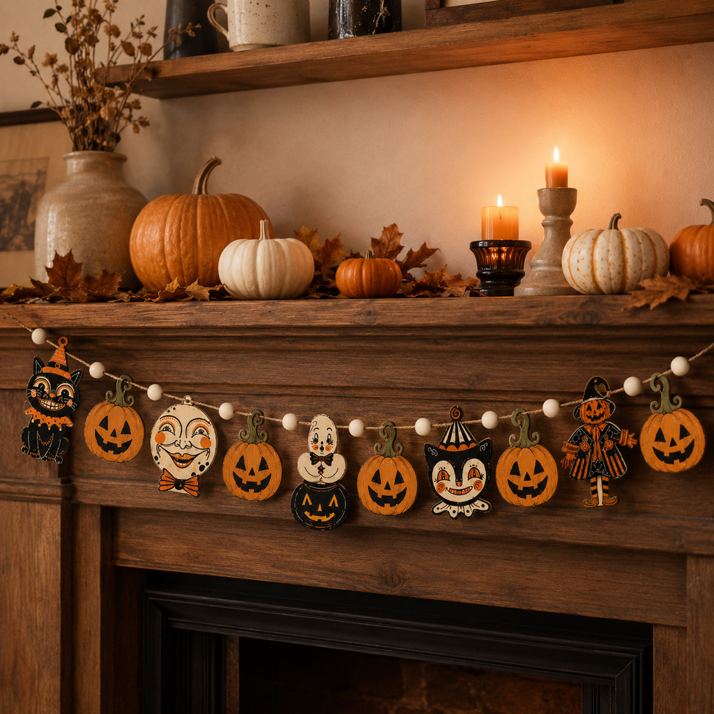 Halloween Decorations Garland with Lights, Pumpkin Garland, Black Cat & Autumn Leaves, Hanging Fall Decor for Home, Mantel, Fireplace, Window, Table, Party, Vintage Rustic Halloween Decor