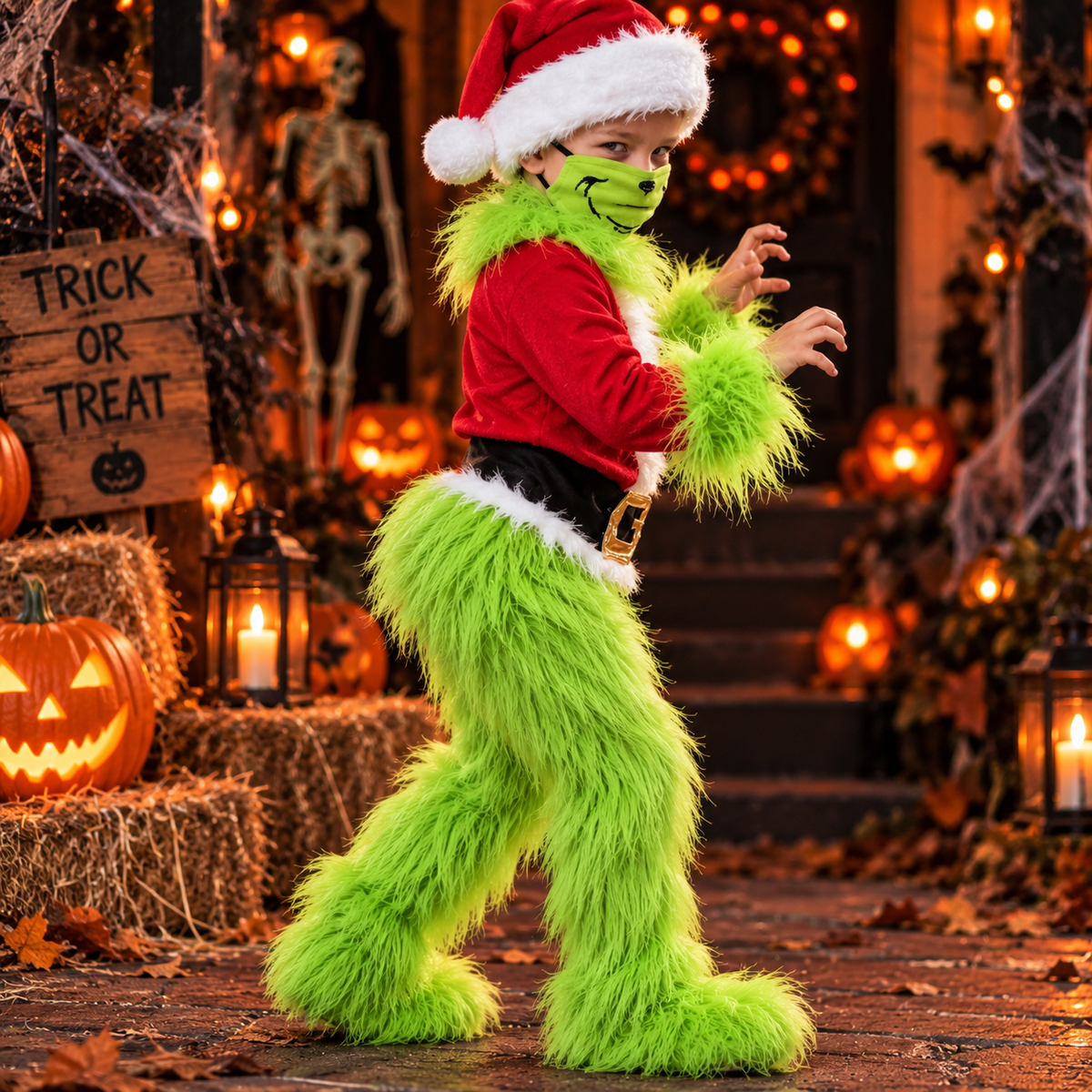 Grinch Halloween Costume for Kids, Green Grinch Outfit, Christmas Costume, S-XXL