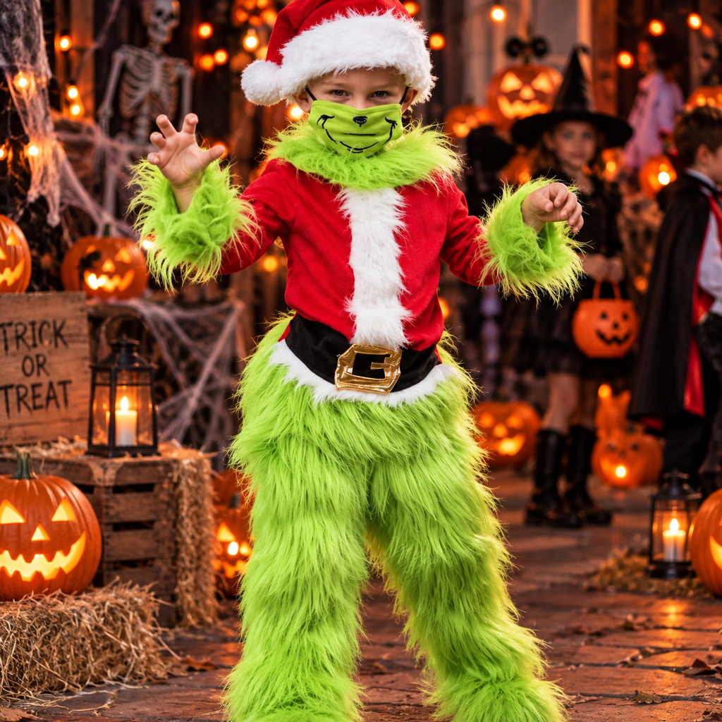 Grinch Halloween Costume for Kids, Green Grinch Outfit, Christmas Costume, S-XXL