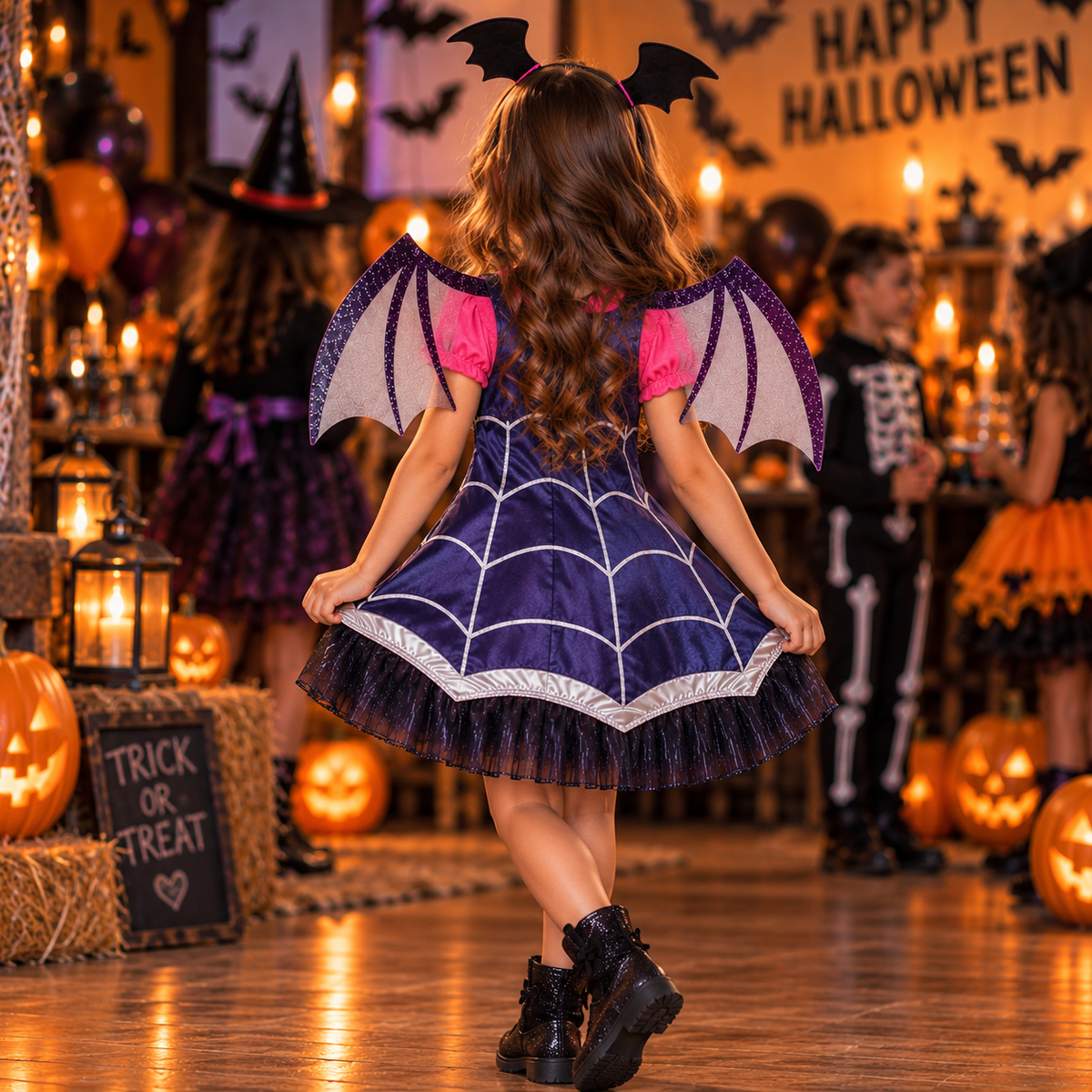 Halloween costume for girls, bat girl dress with bat wings, cute purple spiderweb outfit for Halloween party and trick-or-treating, Vampirina costume