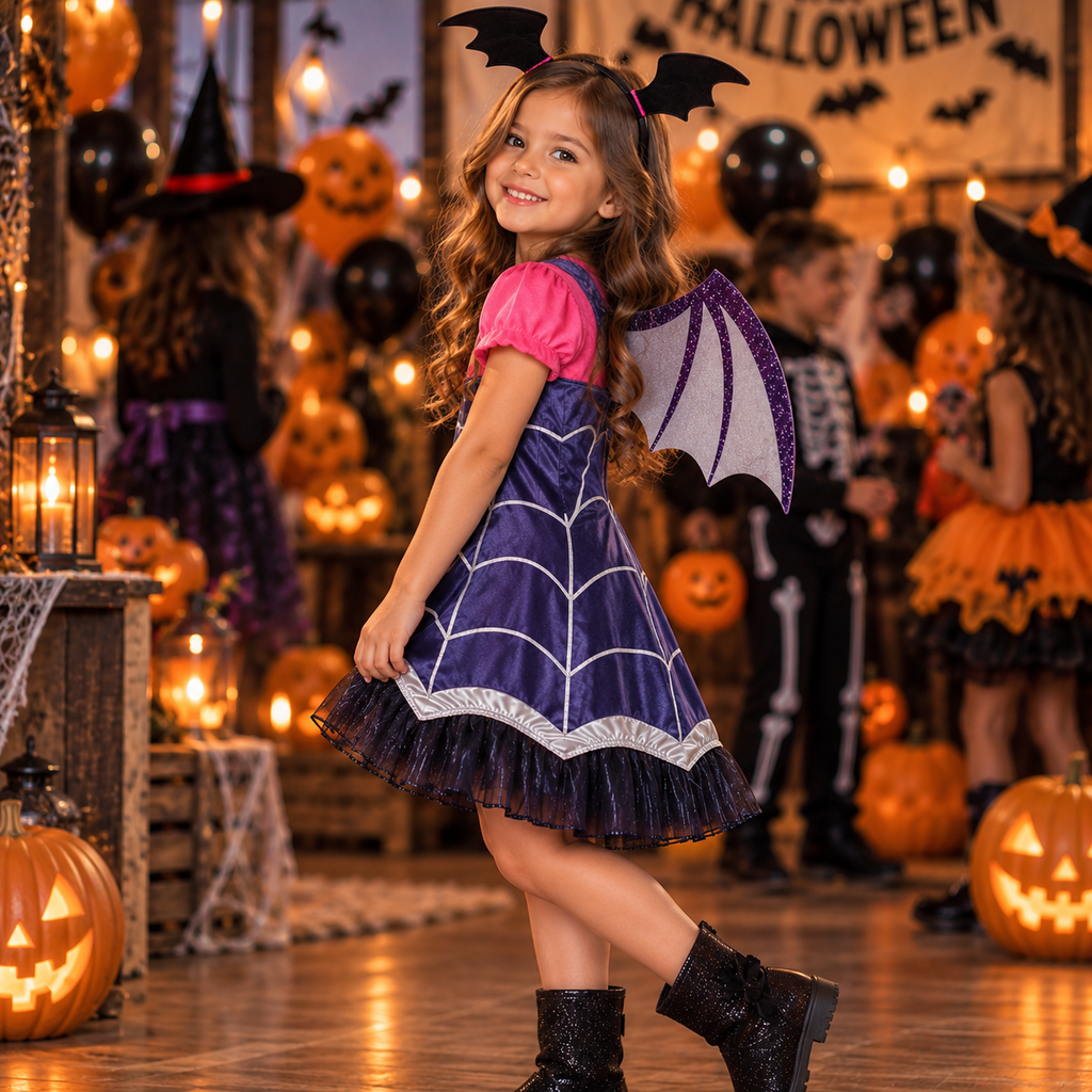 Halloween costume for girls, bat girl dress with bat wings, cute purple spiderweb outfit for Halloween party and trick-or-treating, Vampirina costume
