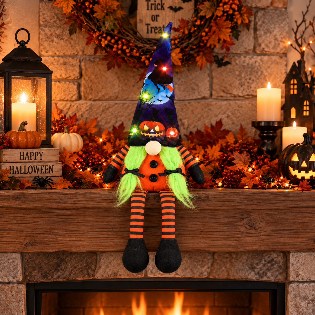 Halloween Gnome Decoration, Lighted Gnome Decor with Pumpkin, Witch Hat & Bat, Tabletop Mantel Shelf Home Decor
