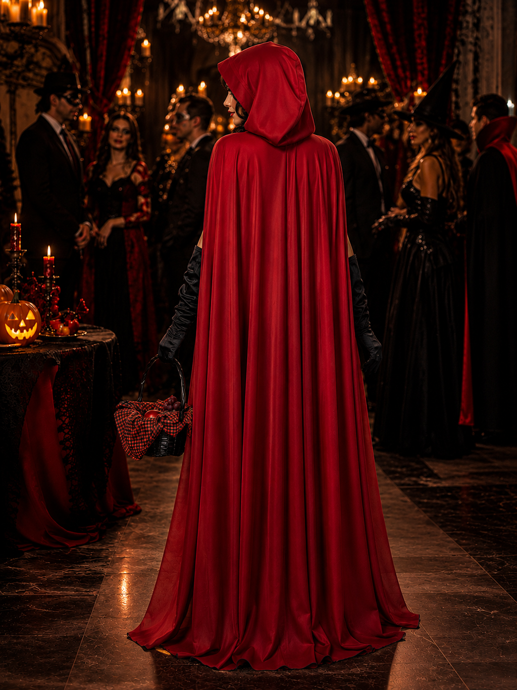 Women's Halloween Vampire Costume, Gothic Red Hooded Cape with Skirt & Gloves, Red and Black Adult Costume for Halloween Party