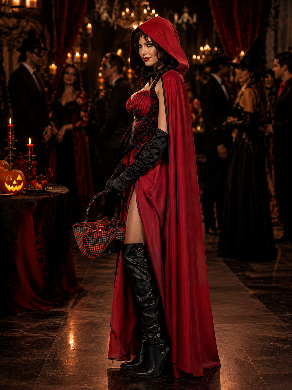 Women's Halloween Vampire Costume, Gothic Red Hooded Cape with Skirt & Gloves, Red and Black Adult Costume for Halloween Party