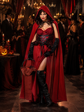 Women's Halloween Vampire Costume, Gothic Red Hooded Cape with Skirt & Gloves, Red and Black Adult Costume for Halloween Party