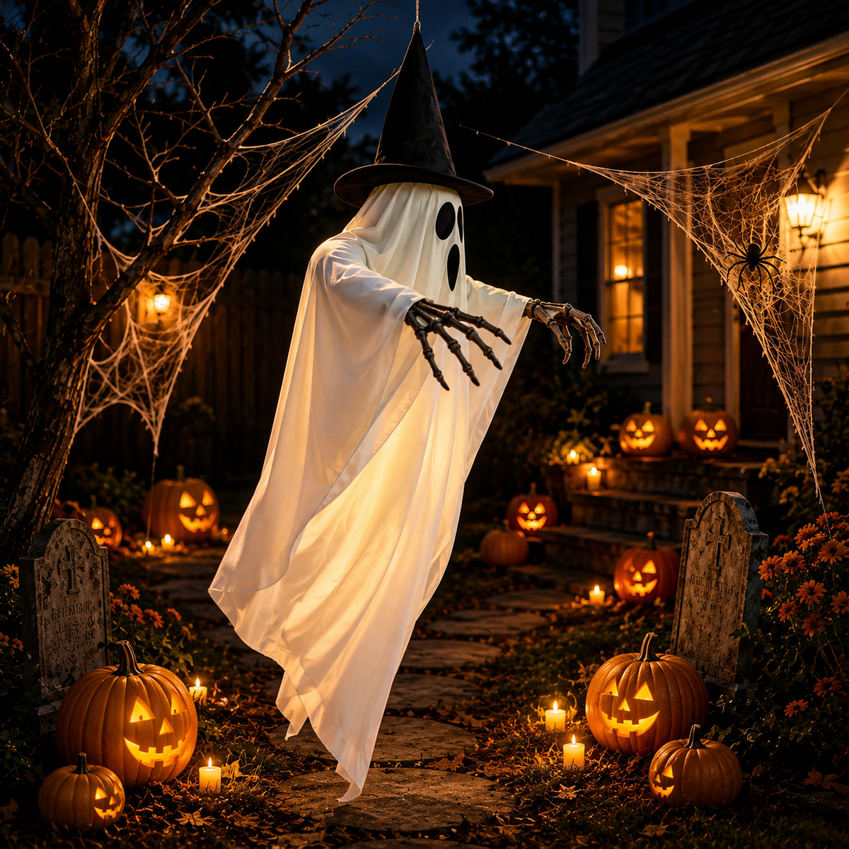Halloween Hanging Ghost Decoration 80x90cm, Scary Ghost with Wizard Hat & Claw, Halloween Party Home Decor