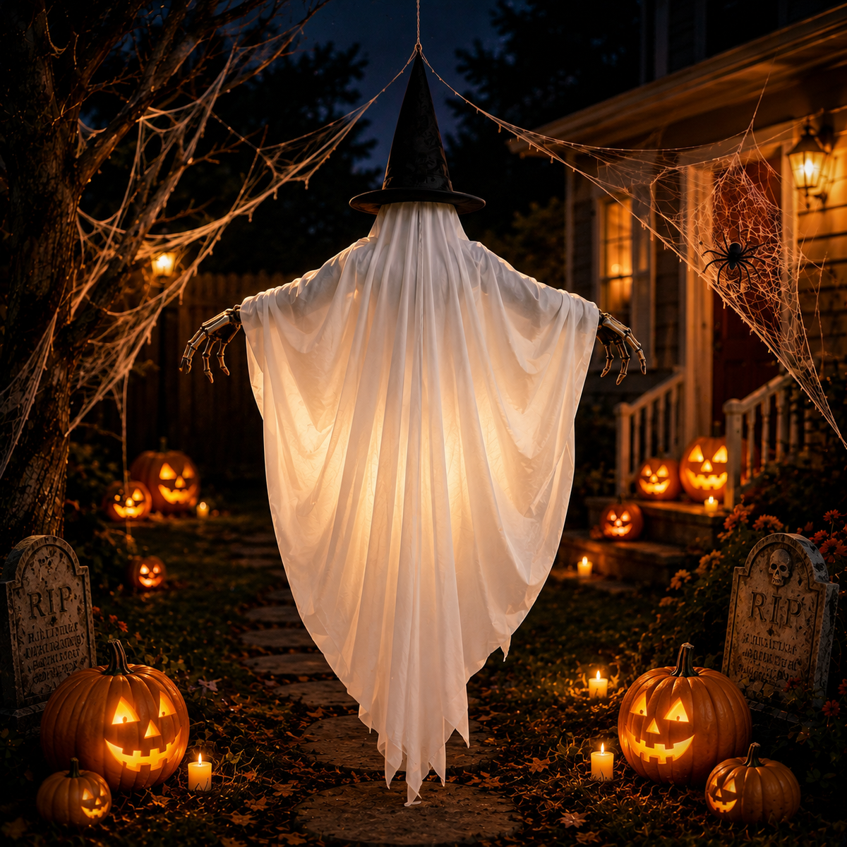 Halloween Hanging Ghost Decoration 80x90cm, Scary Ghost with Wizard Hat & Claw, Halloween Party Home Decor