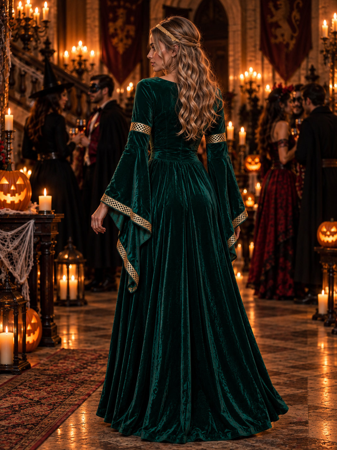Women’s Halloween Costume, Medieval Renaissance Dress for Women, Green Velvet Gothic Princess Outfit for Halloween Party & Cosplay