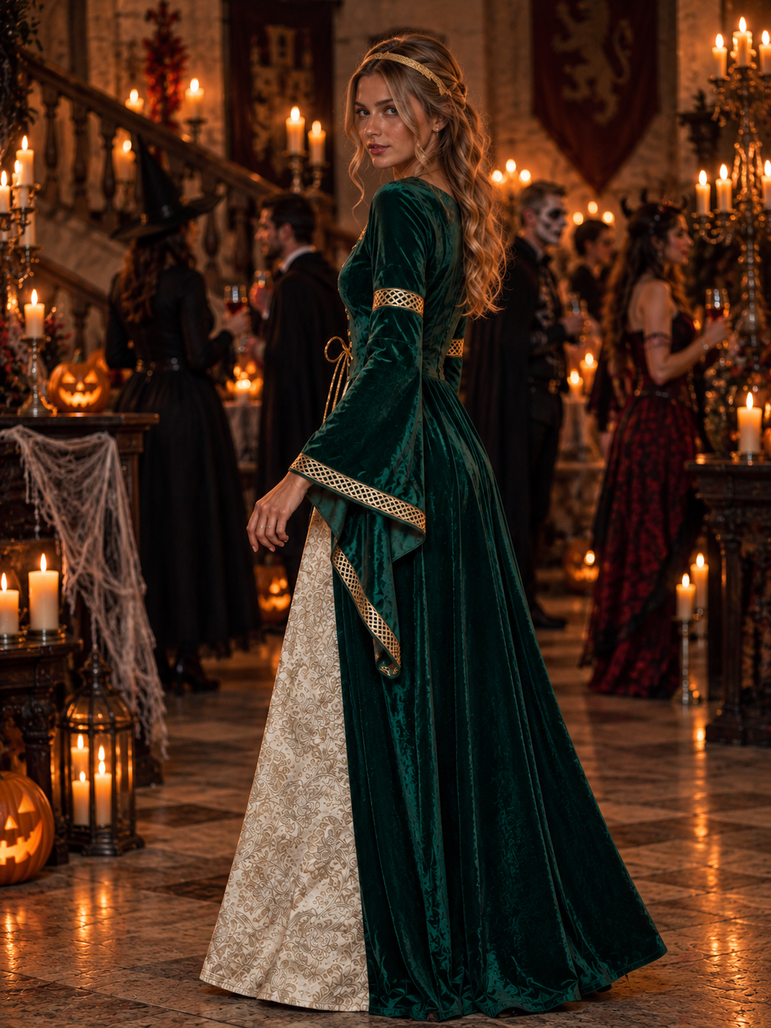 Women’s Halloween Costume, Medieval Renaissance Dress for Women, Green Velvet Gothic Princess Outfit for Halloween Party & Cosplay