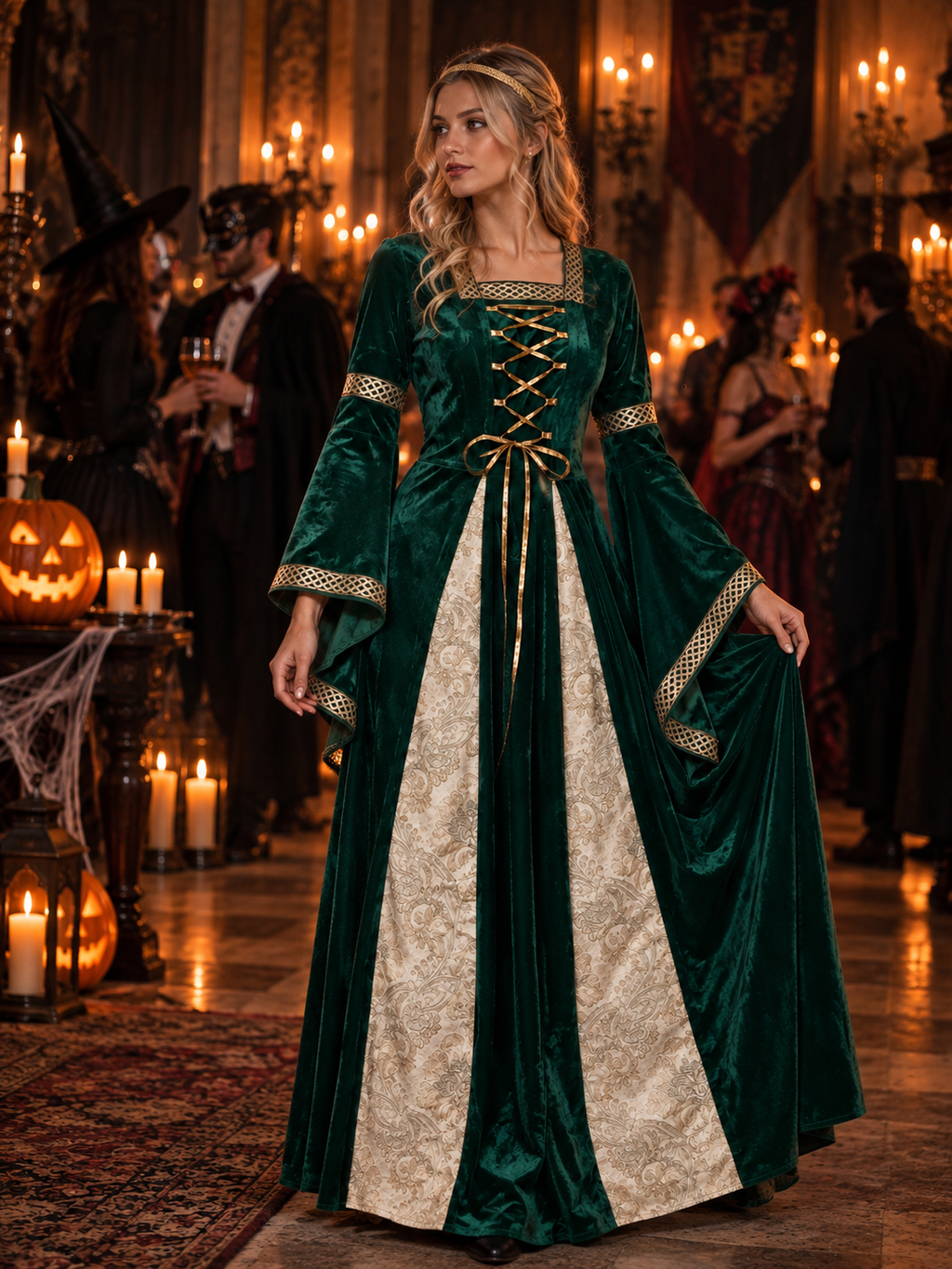 Costume d'Halloween pour femme, Robe Médiévale Renaissance pour femme, Tenue de Princesse Gothique en Velours Vert pour Fête d'Halloween & Cosplay